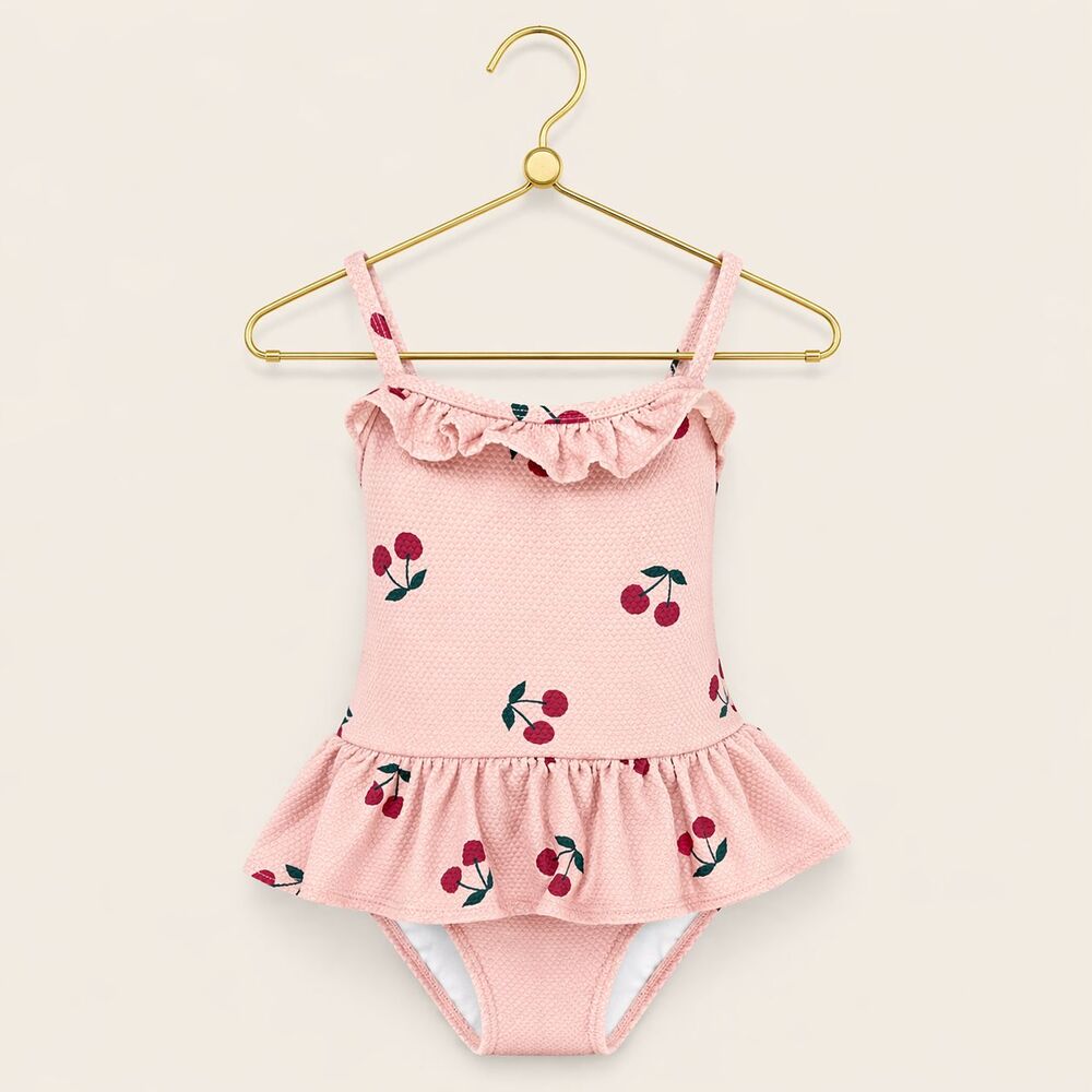 Kuling Girls One Piece Swimsuit Pink Cherry Ruffle Size 110/116 (Fits 3T-4T)